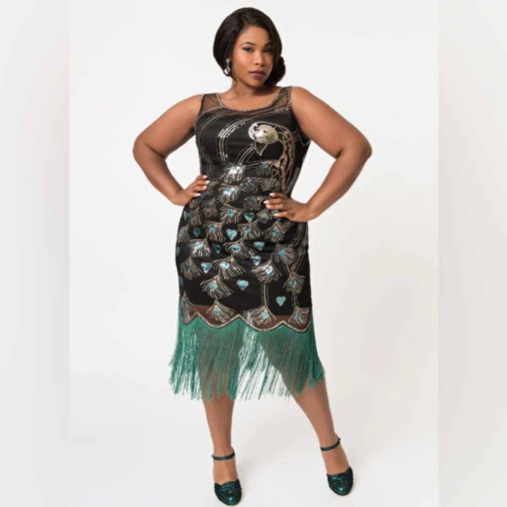 🎃🍸Gatsby Style Plus Size | 1X/16 Black & Green Hearts + Peacock Flapper Dress